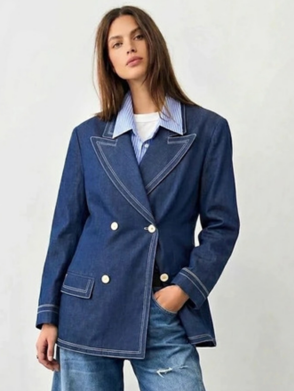 Anne Klein Denim Contrast Stitch Double-Breasted Blazer Denim Double-Breasted